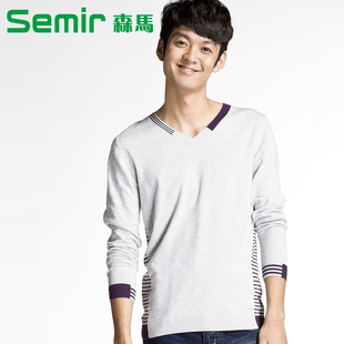  森马semir 春装新款男款条纹V领针织线衫毛衣 时尚休闲长袖毛衫