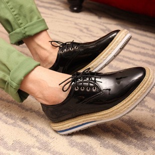 秋季单鞋增高休闲皮鞋松糕鞋 韩版厚底休闲鞋英伦漆皮草编男鞋子