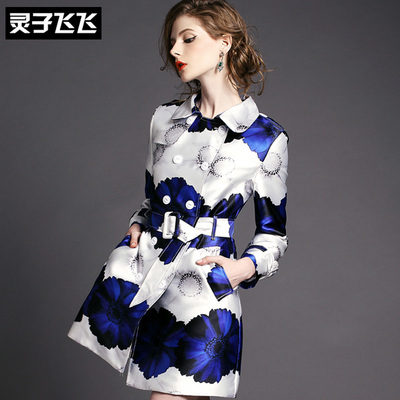 秋冬蓝色印花长袖欧货中长款端庄大气修身收腰双排扣防风衣外套女