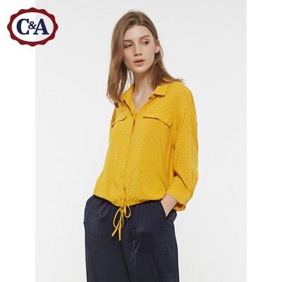 C＆A抽绳短款纯色翻领七分袖衬衫女士夏季气质衬衣CA200219098-YD