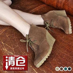 年底清仓冬季坡跟裸靴厚底短靴子中跟女鞋系带绑带欧美复古马丁靴