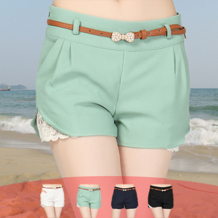  夏季新款韩版女装短裤女夏休闲裤修身热裤女裤子拼接蕾丝短裤