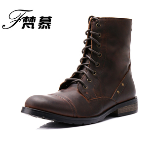  梵慕骑士靴真皮复古男靴 韩版时尚英伦军靴马丁靴男户外工装棉靴