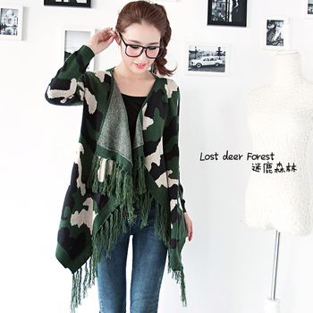 <em>毛衣</em>搭配_秋装韩版简约长袖迷彩<em>流苏中长款</em>加