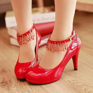  结婚鞋子新娘鞋婚鞋 红色伴娘高跟鞋韩国公主 串珠女士皮鞋单鞋
