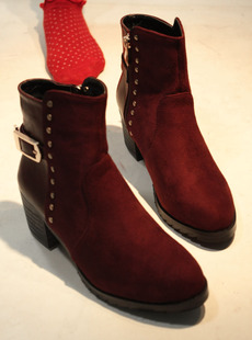  春秋高跟女鞋粗跟短靴欧美裸靴英伦马丁靴中跟骑士靴子及踝靴