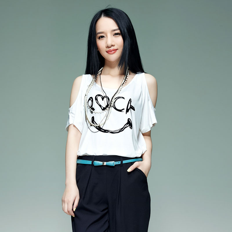 韩版女装短袖露肩印花...
