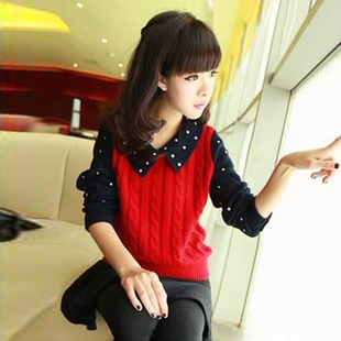  毛衣 女 日系OL复古翻领撞色波点麻花条理长袖针织衫 打底衫 秋冬
