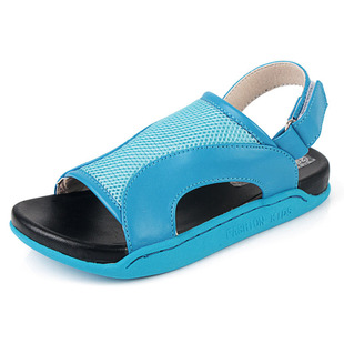  贝比秀 皮革拼接露趾男童女童少儿童男孩女孩魔术贴网纱 羊皮凉鞋