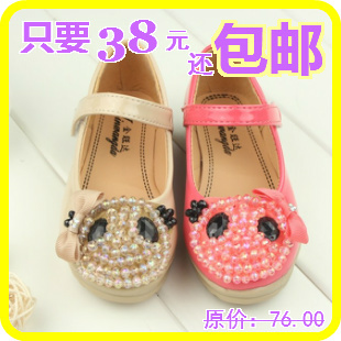  韩版外贸春新款女童皮鞋水晶珠熊猫公主单鞋儿童方口鞋豆豆鞋