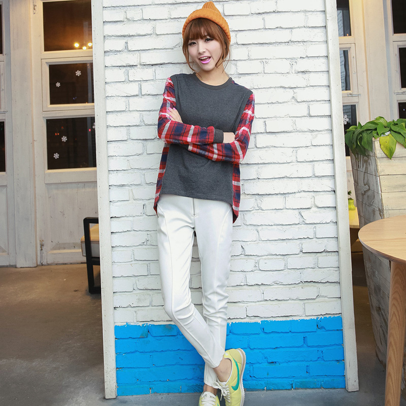 韩版上衣服宽松格子...
