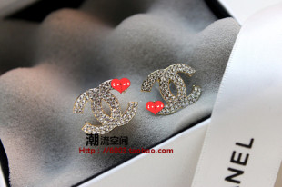  韩版 满钻闪钻耳钉 双C 钻石耳钉 气质精致 时尚耳钉  复古耳环