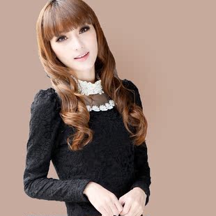  春装新款女装 韩版小衫上衣 女 带领长袖蕾丝打底衫女士大码