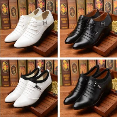 尖头英伦风男式皮鞋漆皮亮面潮鞋白色婚鞋内增高特大码商务男鞋48