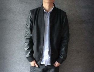 包邮 日单暗黑毛呢皮袖拼接立领英伦修身棒球男夹克 优衣库beams