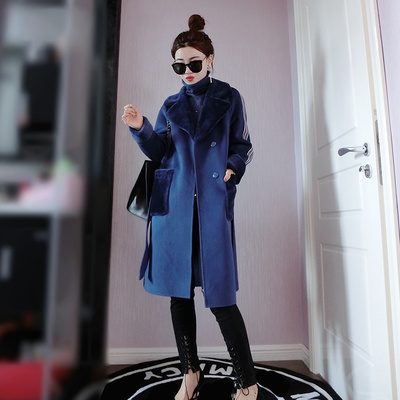 欧洲站冬装毛呢外套女中长款韩版2018新款蓝色毛领呢子大衣欧货潮