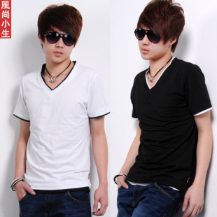  古由卡夏装新款韩版修身t恤纯棉以纯棉为主V领男士短袖T恤打底衫