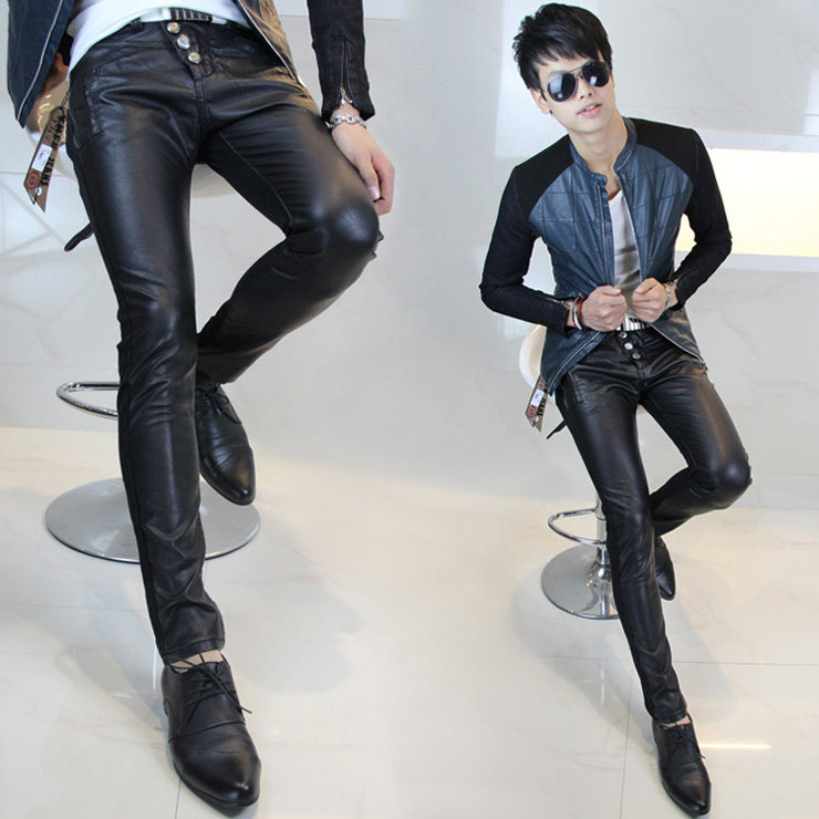 13 new style men's leather pants pants leather pants male Korean slim tide male feet Club sportsman of tight leather pants