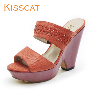  KISSCAT接吻猫 羊皮K1321-01时尚粗跟露趾超高跟一字拖女士拖鞋子