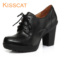 KISSCAT接吻猫 牛皮K33561-01英伦风时尚系带粗跟超高跟鞋女单鞋