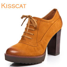 KISSCAT接吻猫 牛皮K33610-02英伦风系带超高跟粗跟防水台女单鞋图片