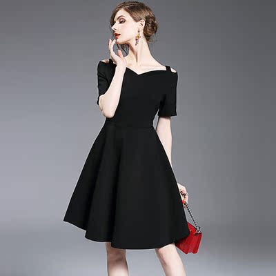 欧美优雅黑色连衣裙女装收腰短裙春夏短袖大摆宴会礼服a字小黑裙