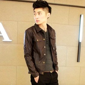  春装新款男士时尚韩版修身小皮衣 翻领休闲单外套 棕色皮外衣