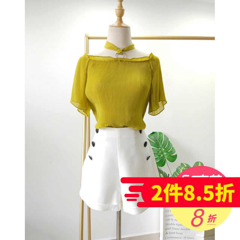 J 2019夏季新款女优雅浪漫褶皱挂脖短袖上衣 品牌折扣女装在类目 女装/女士精品, 蕾丝衫/雪纺衫中 - 来自Buy2taobao.com提供专业的淘宝代购服务