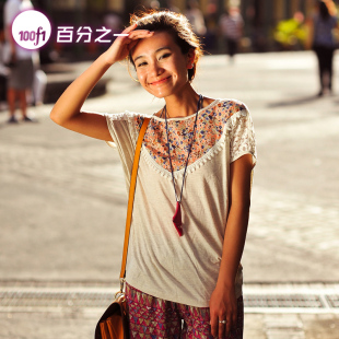  拼接蕾丝纯棉印花t恤蝙蝠衫 夏装大码女装文艺碎花短袖T恤F88923