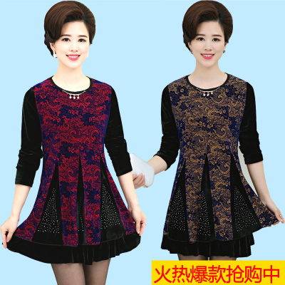 中老年女装秋装长袖连衣裙 妈妈装大码中长款