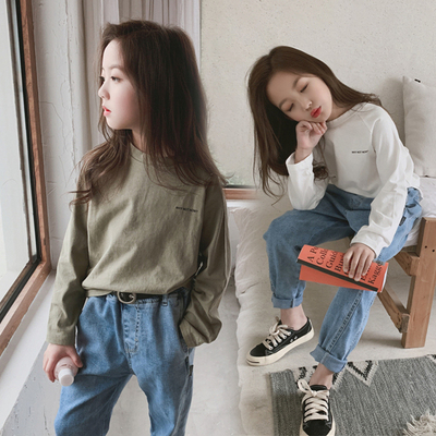 女童T恤韩版男女童纯棉长袖体恤衫秋季2019中大童洋气百搭打底衫