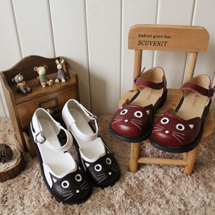  卡通猫头学生鞋森女单鞋 春夏粗跟学院风复古鞋大头娃娃鞋半凉鞋