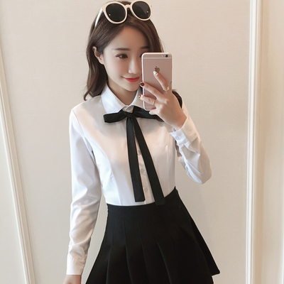 2017秋冬女装新款韩版百搭白色长袖衬衫女文艺雪纺领结学生打底衫