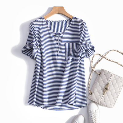 大爱！优雅的美~清爽撞色口袋扣饰搭扣袖V领上衣条纹衬衫女