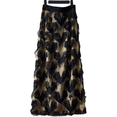 2019夏季新款专柜高腰五角星羽毛流苏大摆半身裙女8117