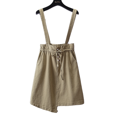 姐弟故事2019夏季新款不规则单排扣花苞背带裙系带抽绳连衣裙9106