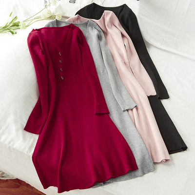 针织连衣裙长袖秋装2019年新款修身V领性感收腰A字裙子813