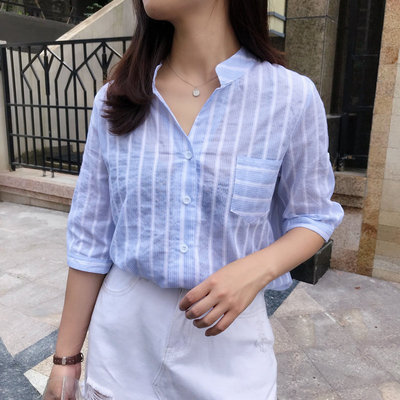 条纹衬衫女长袖2018夏装新款中长款宽松韩国棉麻学生大码上衣薄款