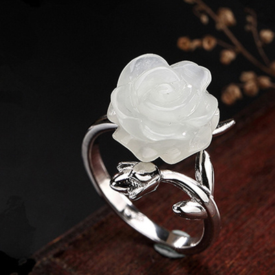 大师原创珠宝S925纯银复古镶嵌和田玉白玉玫瑰花开口戒指可调节