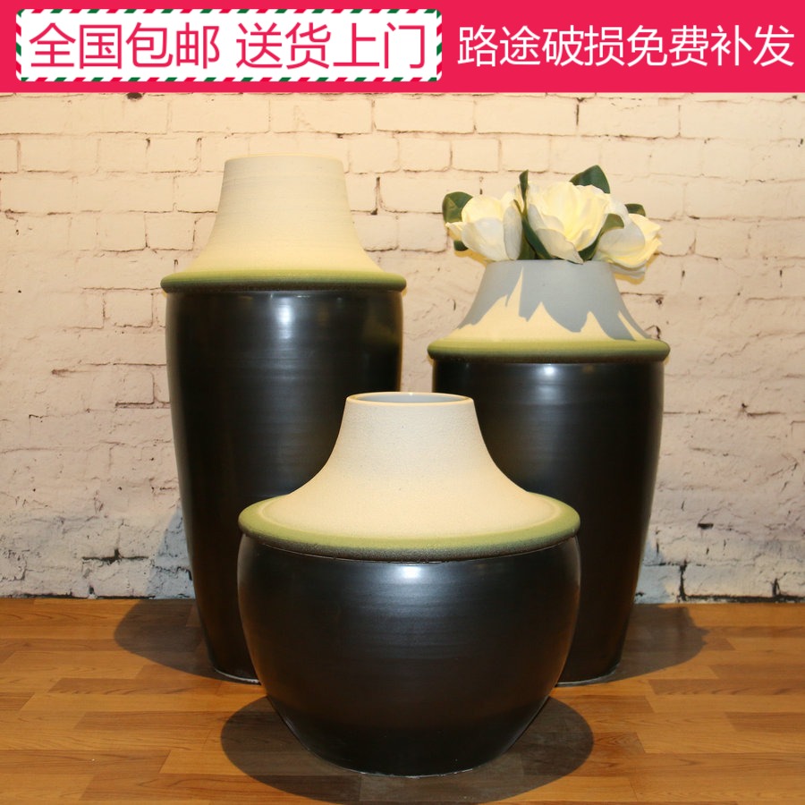 厂家直销黑色收口陶罐摆件落地组合花瓶酒店会所软装饰陶瓷插花器在类目 家居饰品, 花瓶/花器/仿真花/仿真饰品, 花器/花瓶, 花瓶中 - 来自Buy2taobao.com提供专业的淘宝代购服务