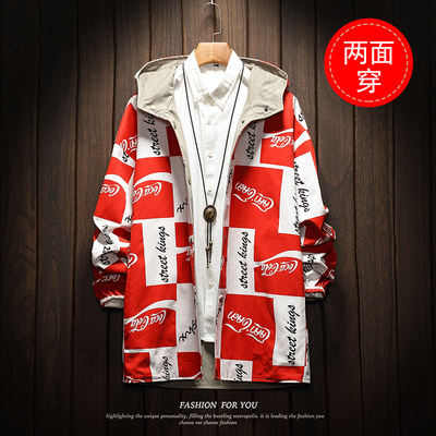 胖子ins两面穿风衣男加肥大码中长款韩版外套潮春秋日系学生工装