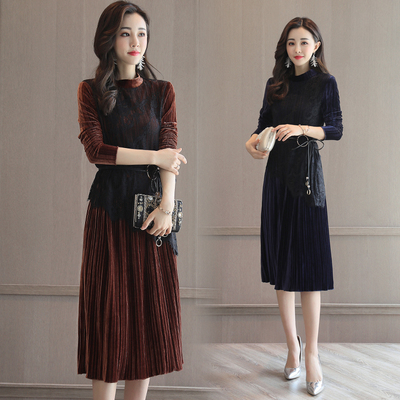 2017秋冬季新款修身显瘦蕾丝拼接金丝绒连衣裙中长款大码打底裙女