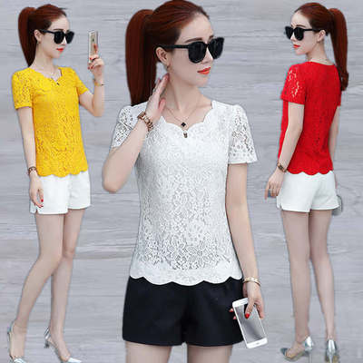 短袖蕾丝衫女式夏季遮肚雪纺小衫2020新款时尚洋气镂空收身上衣女