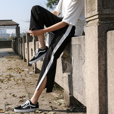 阔腿裤女九分春夏新款学生chic校服裤韩版宽松开叉运动休闲裤子
