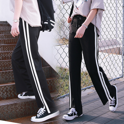 2018新款夏宽松白边运动裤女开叉ins超火不规则阔腿裤休闲长裤子