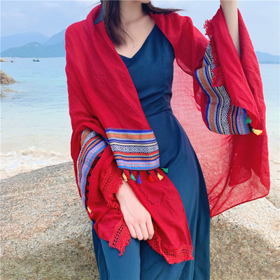 丝巾女春秋季沙漠旅游防晒披肩民族风茶卡盐湖围巾青海大红色纱巾