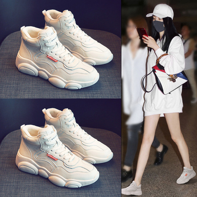 女鞋冬季加绒2018新款网红休闲运动百搭情侣小熊 ins老爹小白棉鞋