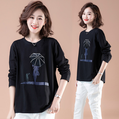 洋气中年妈妈t恤纯棉全棉长袖大版衫遮肚打底衫女宽松可外穿秋衣