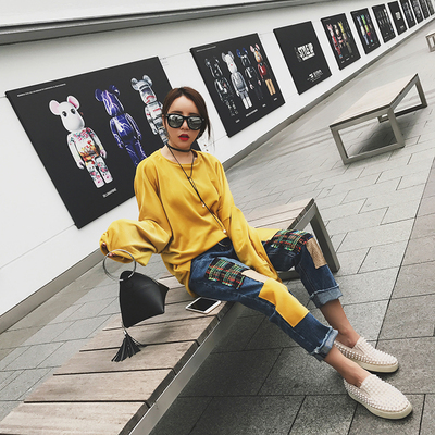 韩版个性破洞贴布拼接补丁牛仔裤女中腰九分裤