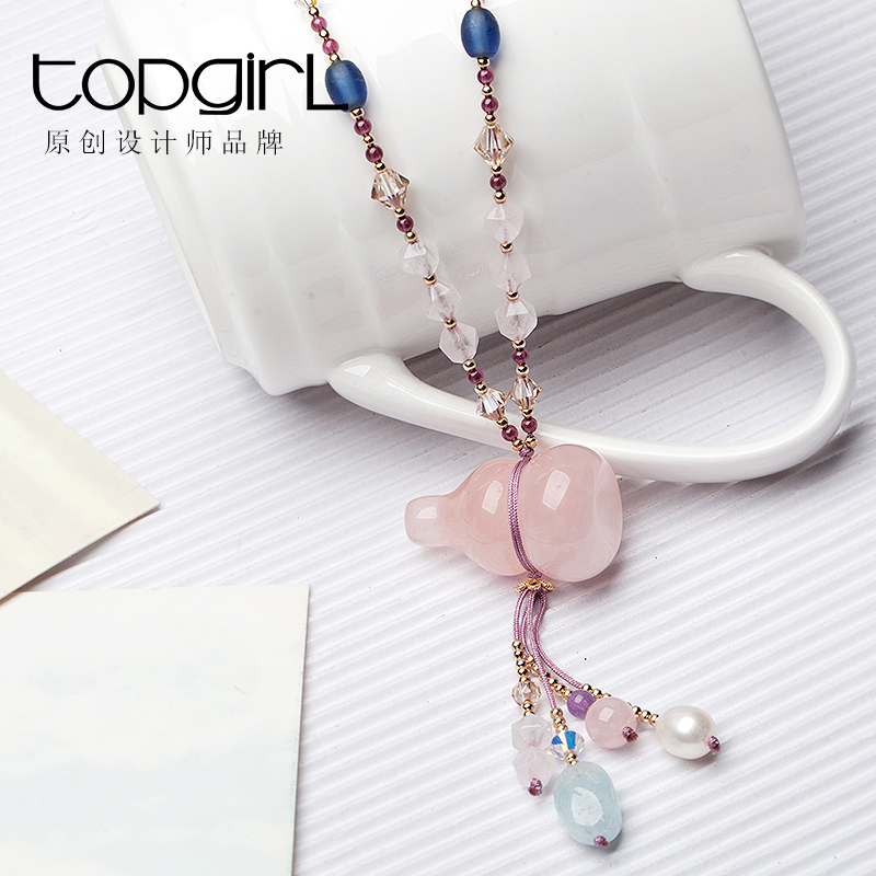 TOPGIRL粉水晶玉髓吊坠石榴石毛衣链项链女长款春夏配饰简约百搭|msdalam kategori Aksesori/Barang Kemas Fesyen, kalung - dari Buy2taobao.com untuk memberikan perkhidmatan ejen Taobao profesional membeli